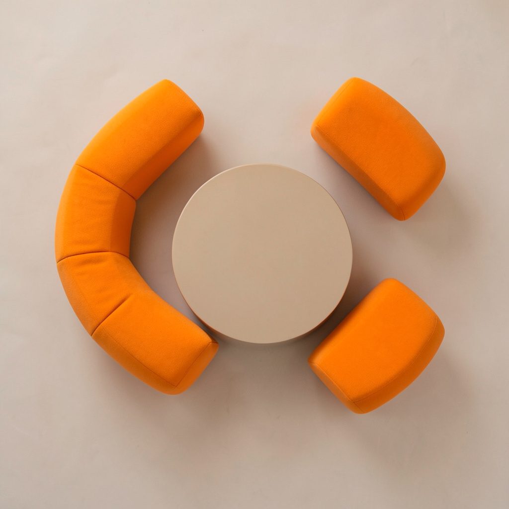 A seating island by De Allegri and Fogale, woven texture and warm wood tones